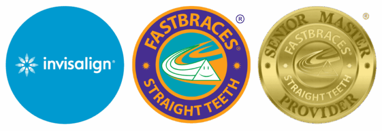 Mona Lisa Smile Dental logos for Invisalign®, Fastbraces®, and Fastbraces® Senior Master Provider, representing certified orthodontic excellence.